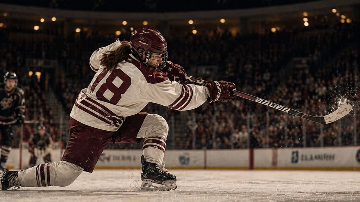 Women's hockey player carrying the puck through neutral ice