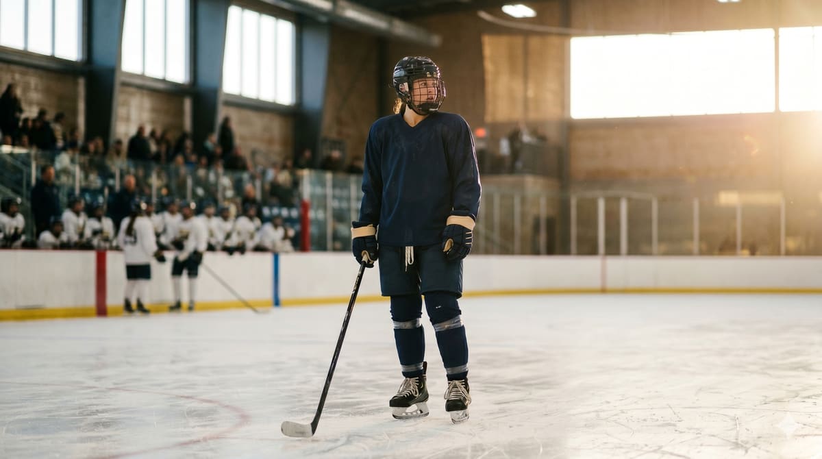 Women's hockey player in stride showing shin guard and skate overlap